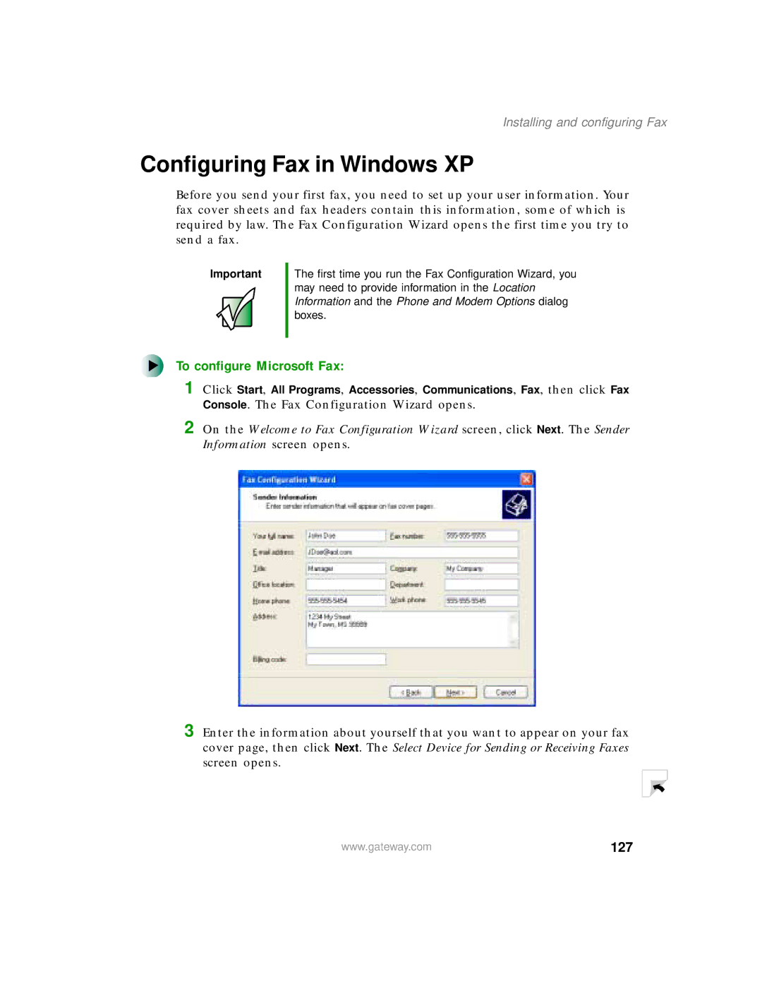 Gateway 450 manual Configuring Fax in Windows XP, To configure Microsoft Fax, 127, Installing and configuring Fax 