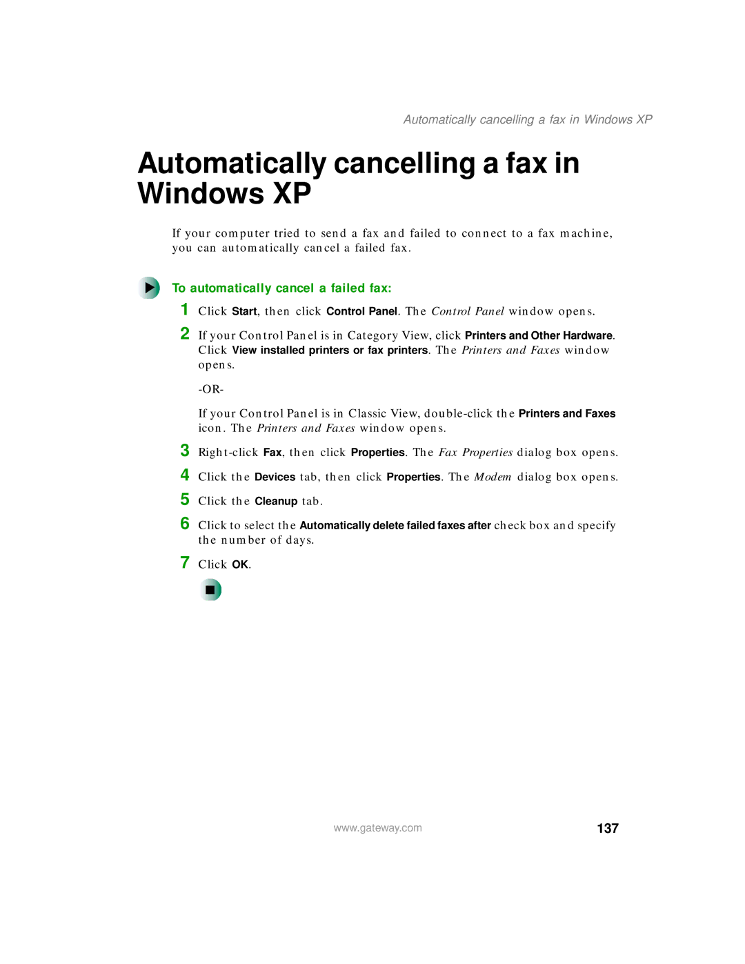 Gateway 450 manual Automatically cancelling a fax in Windows XP, To automatically cancel a failed fax, 137 