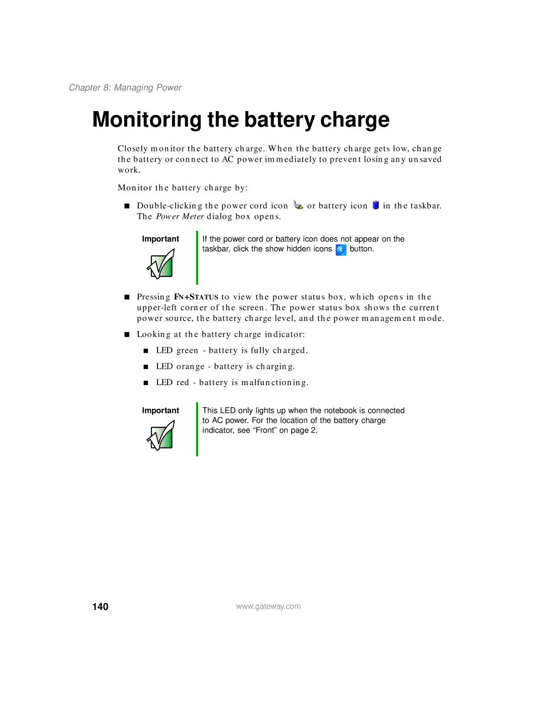 Gateway 450 manual Monitoring the battery charge, 140, Managing Power 