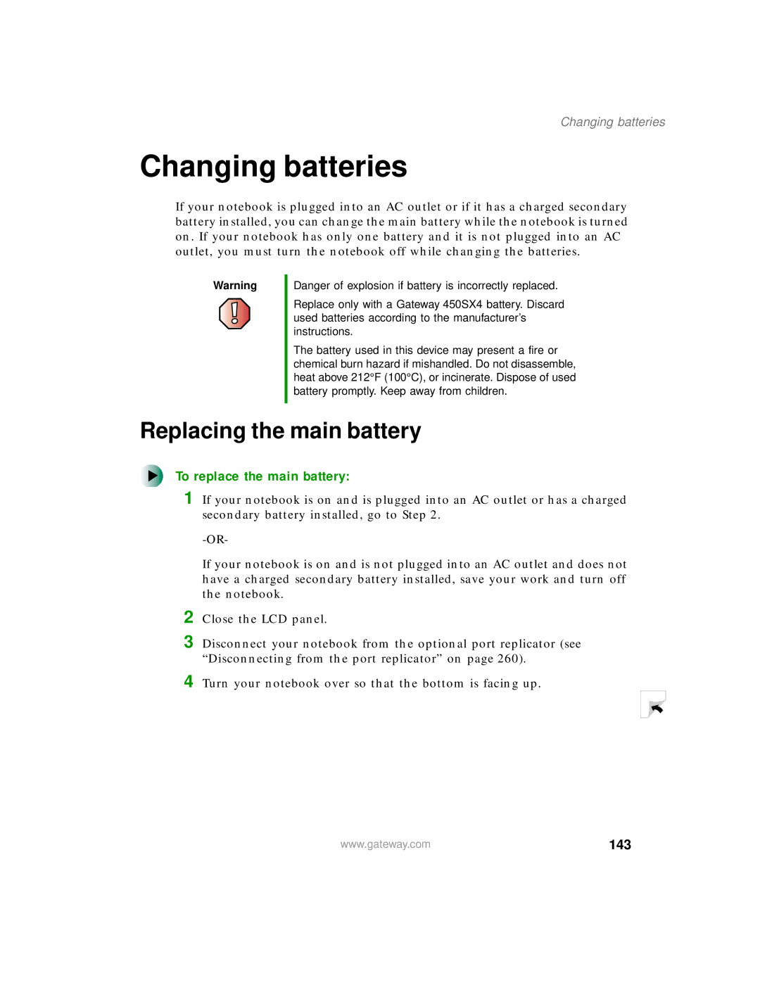 Gateway 450 manual 143, Changing batteries 