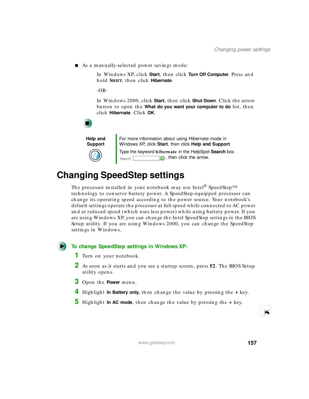 Gateway 450 manual Changing SpeedStep settings, To change SpeedStep settings in Windows XP, 157 