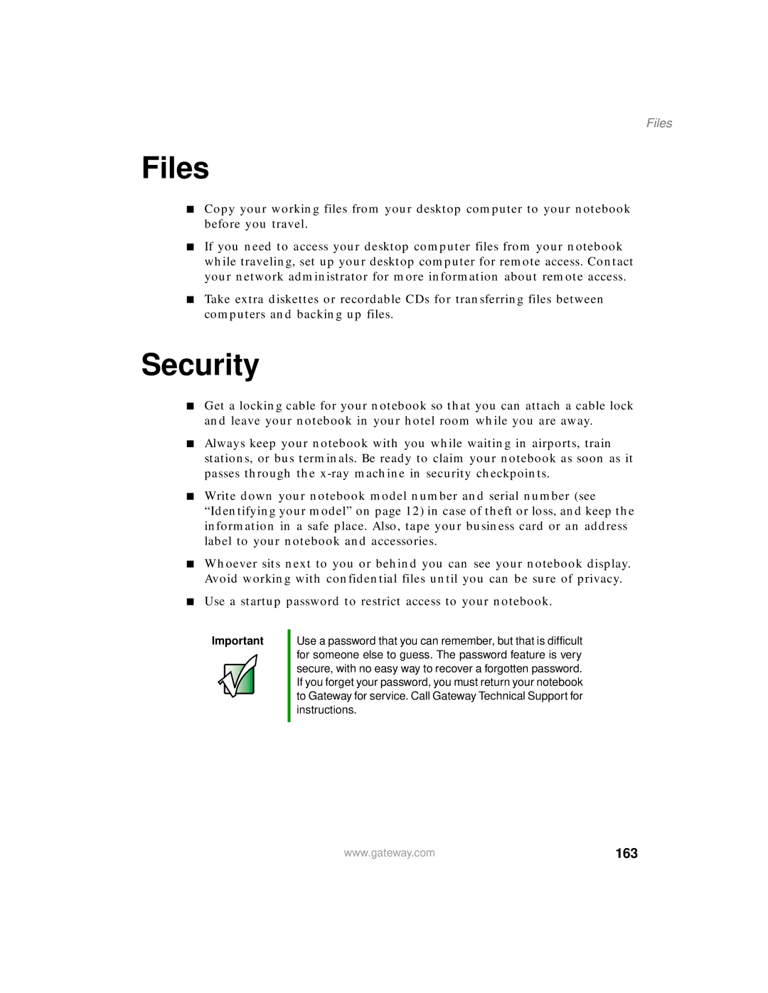 Gateway 450 manual Files, Security, 163 