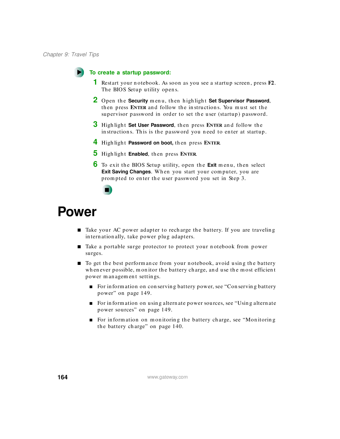 Gateway 450 manual Power, To create a startup password, 164 