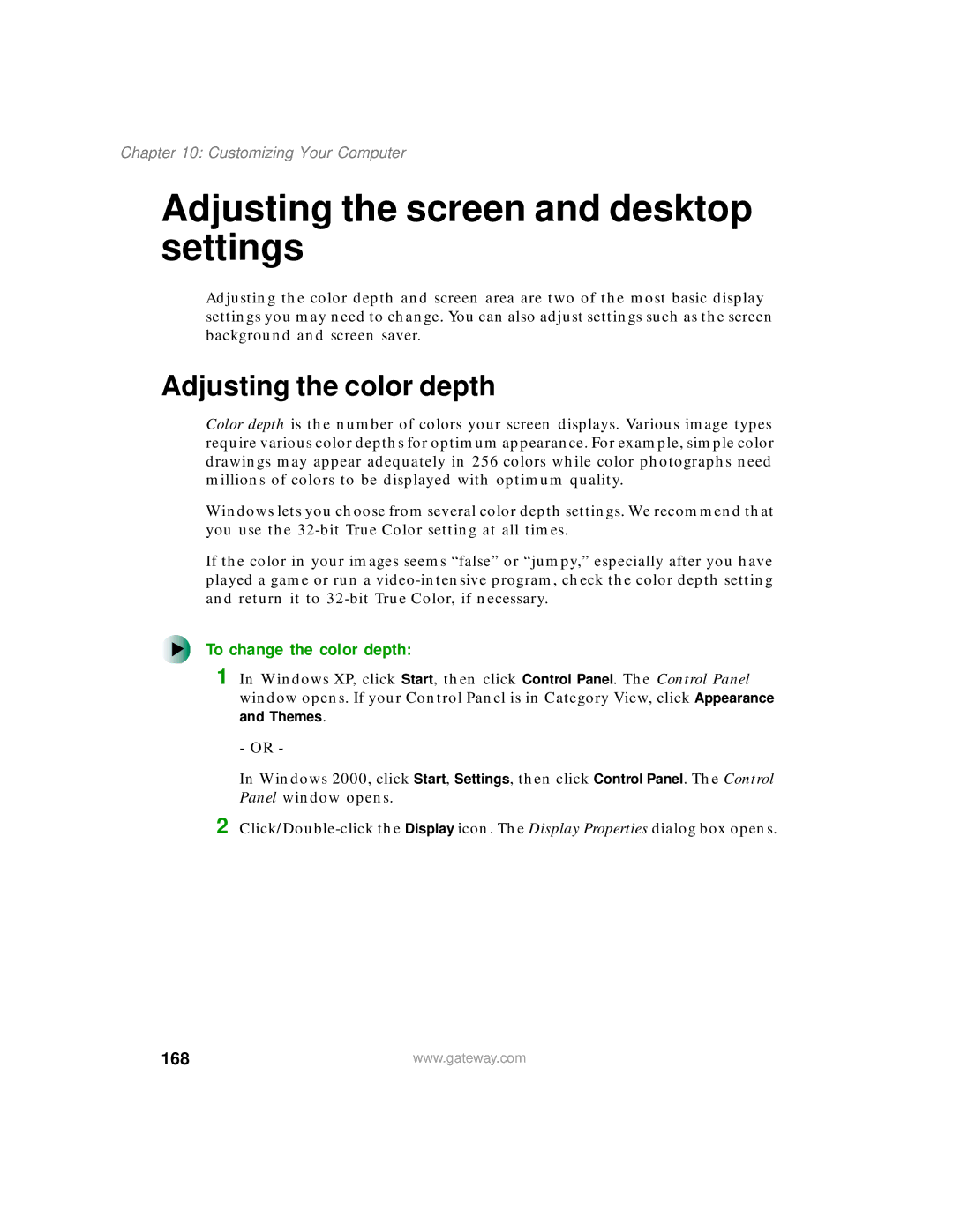 Gateway 450 manual Adjusting the screen and desktop settings, Adjusting the color depth, To change the color depth, 168 