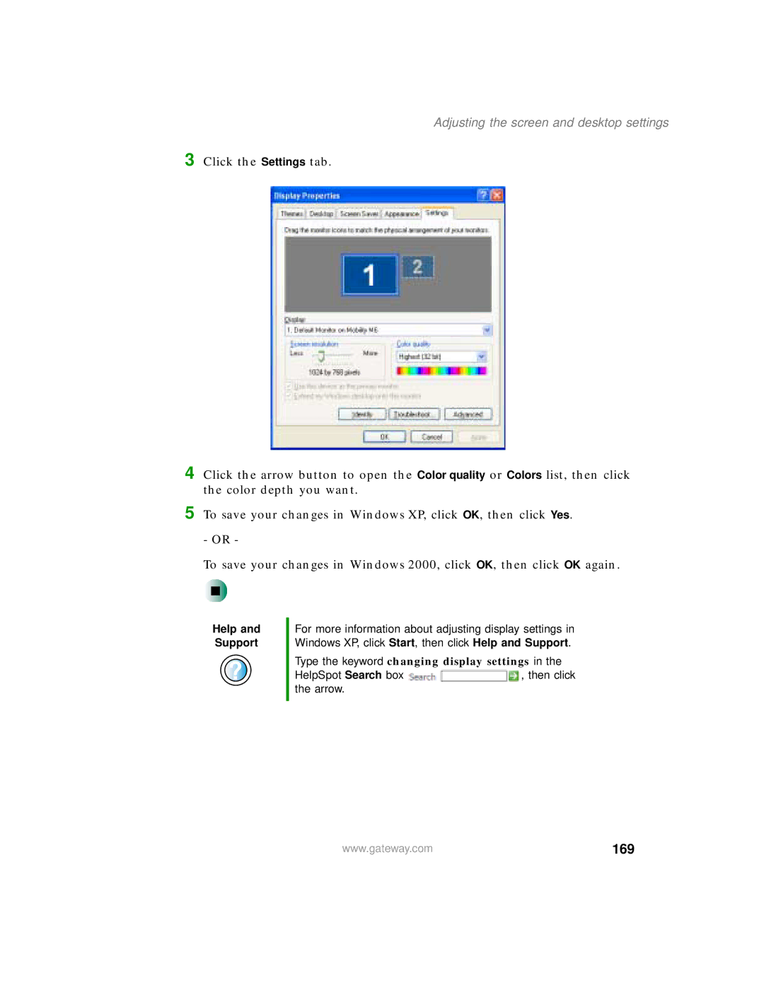 Gateway 450 manual 169, Adjusting the screen and desktop settings 