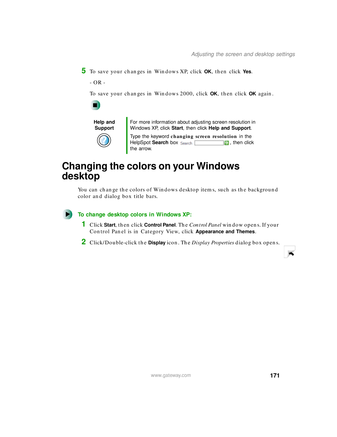 Gateway 450 manual Changing the colors on your Windows desktop, To change desktop colors in Windows XP, 171 