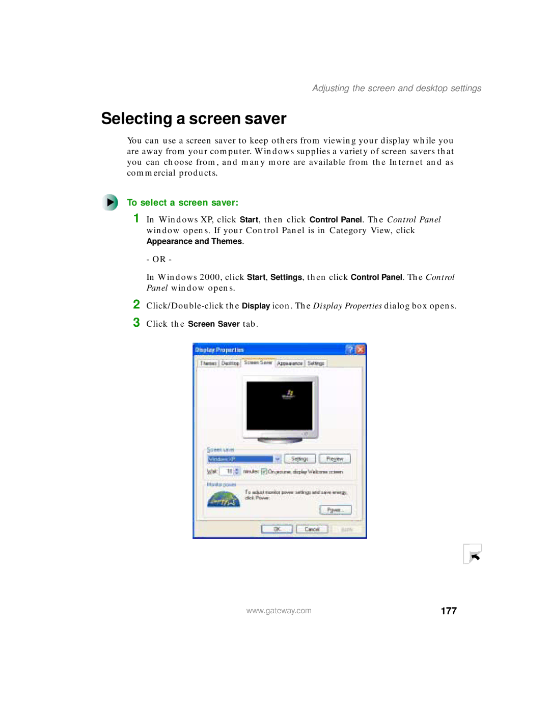 Gateway 450 manual Selecting a screen saver, To select a screen saver, 177 