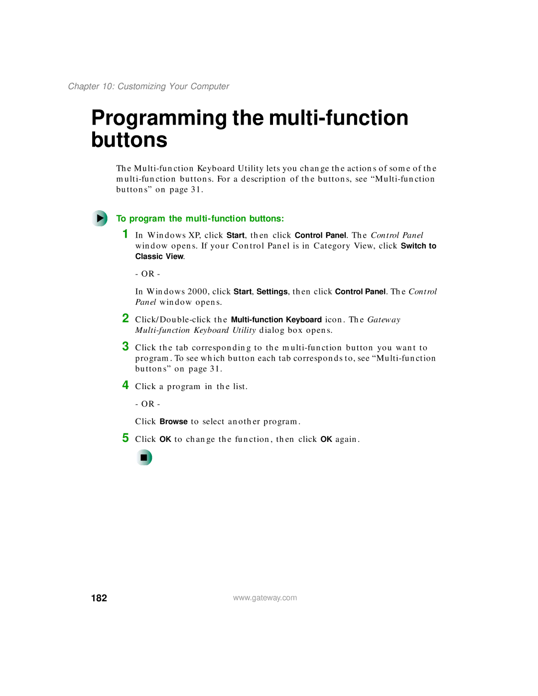 Gateway 450 manual Programming the multi-function buttons, To program the multi-function buttons, 182 