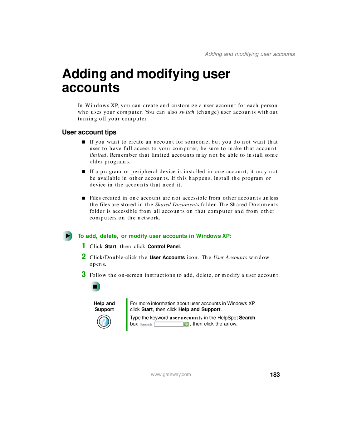 Gateway 450 manual Adding and modifying user accounts, To add, delete, or modify user accounts in Windows XP, 183 