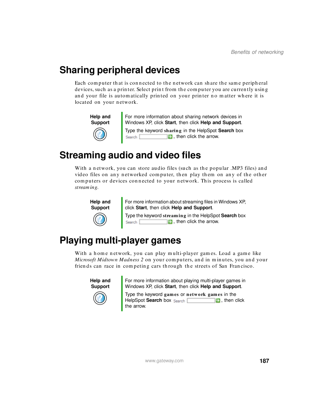 Gateway 450 manual Sharing peripheral devices, Streaming audio and video files, Playing multi-player games, 187 