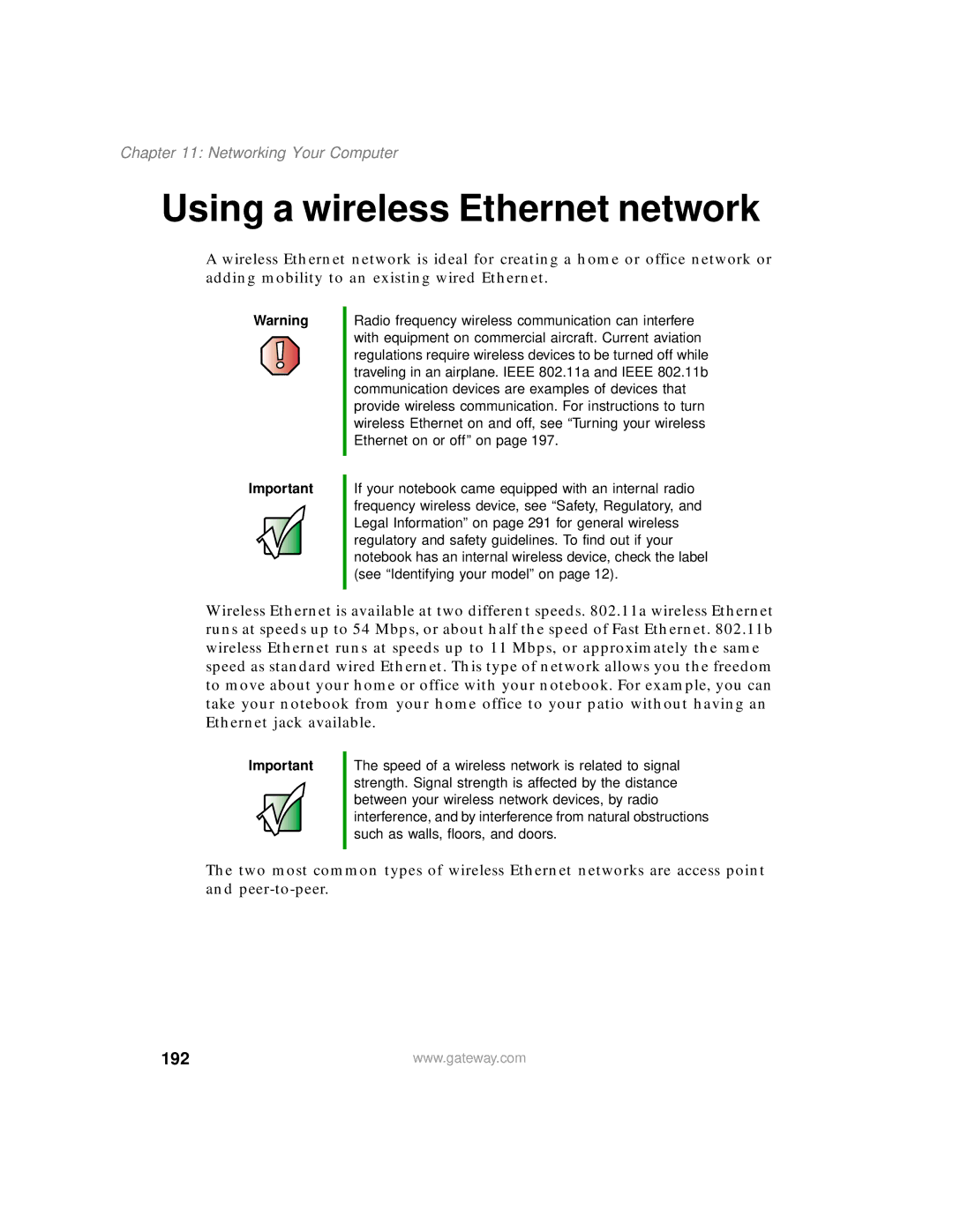 Gateway 450 manual Using a wireless Ethernet network, 192 