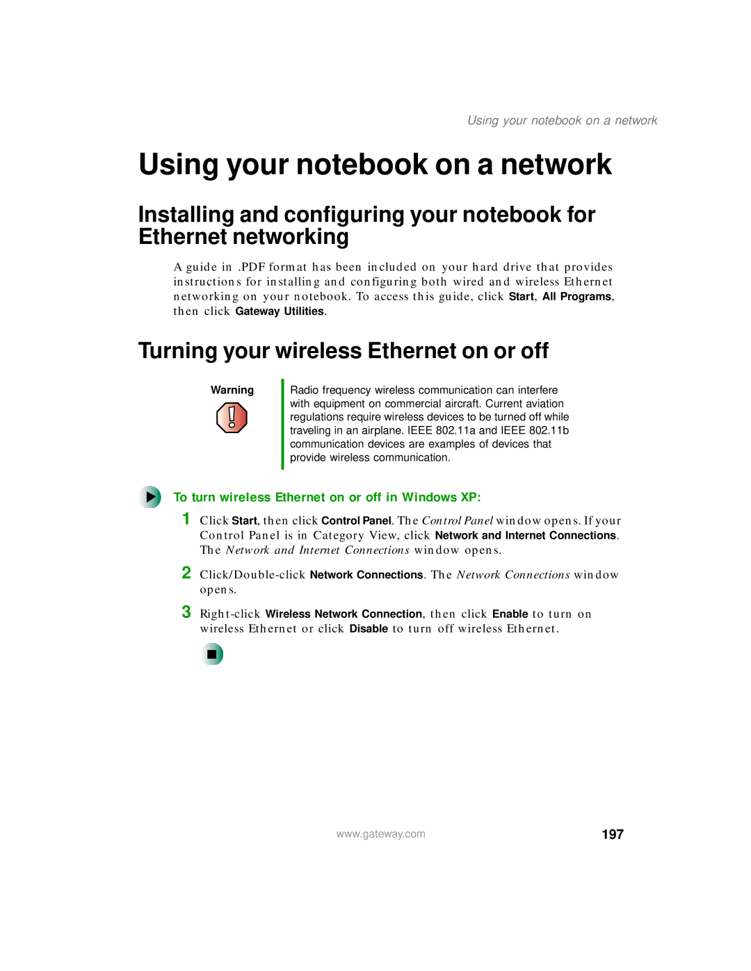 Gateway 450 manual Using your notebook on a network, To turn wireless Ethernet on or off in Windows XP, 197 