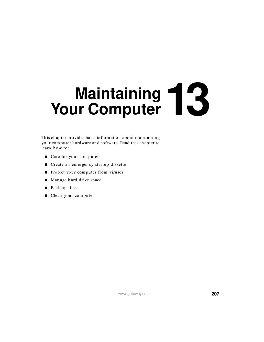 Gateway 450 manual Maintaining 13 Your Computer, 207 