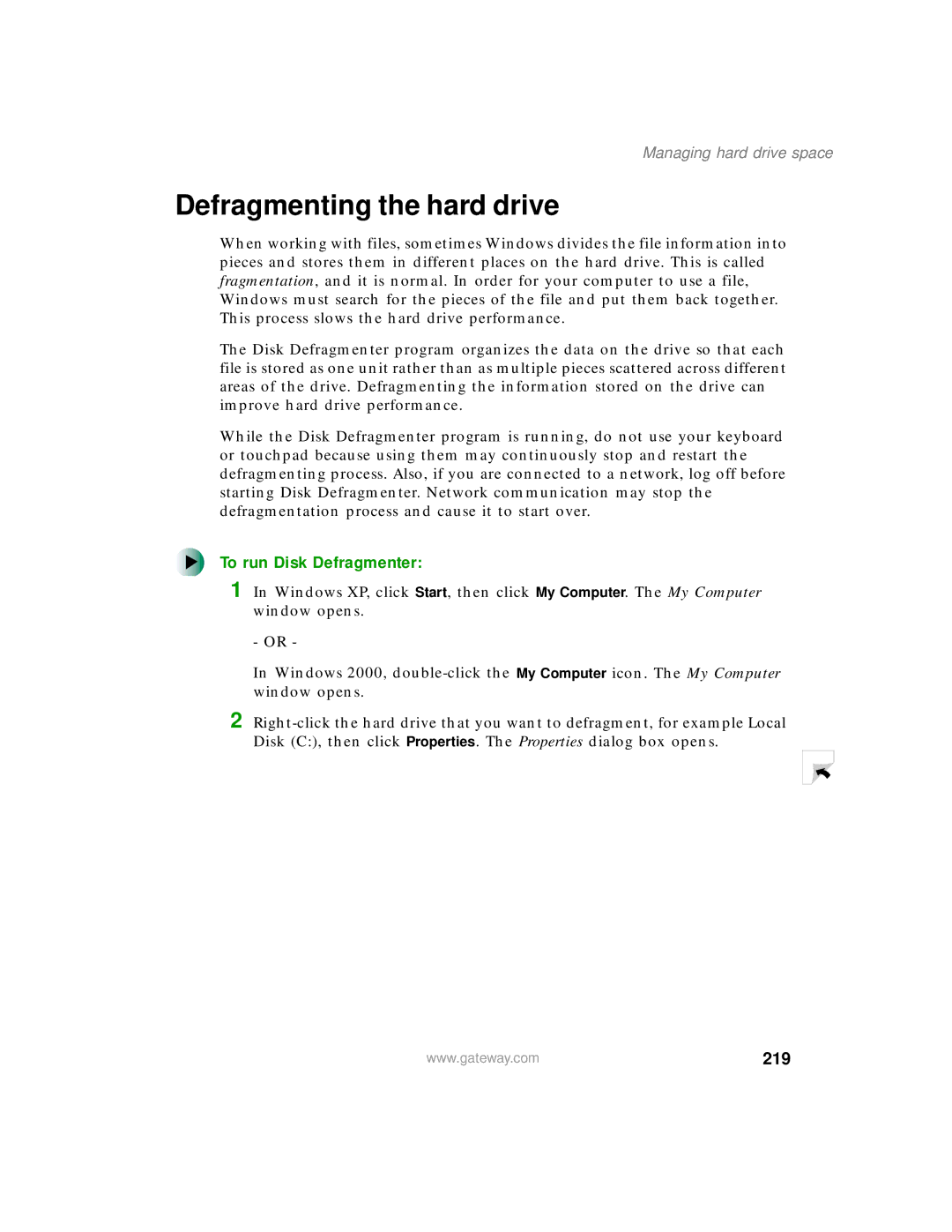 Gateway 450 manual Defragmenting the hard drive, To run Disk Defragmenter, 219 