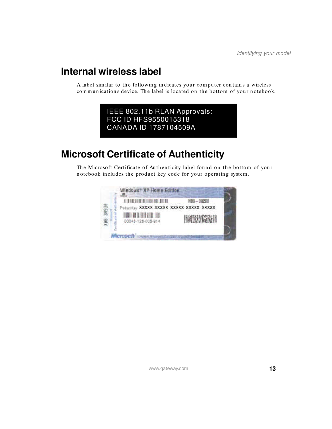 Gateway 450 manual Internal wireless label, Microsoft Certificate of Authenticity, Identifying your model 