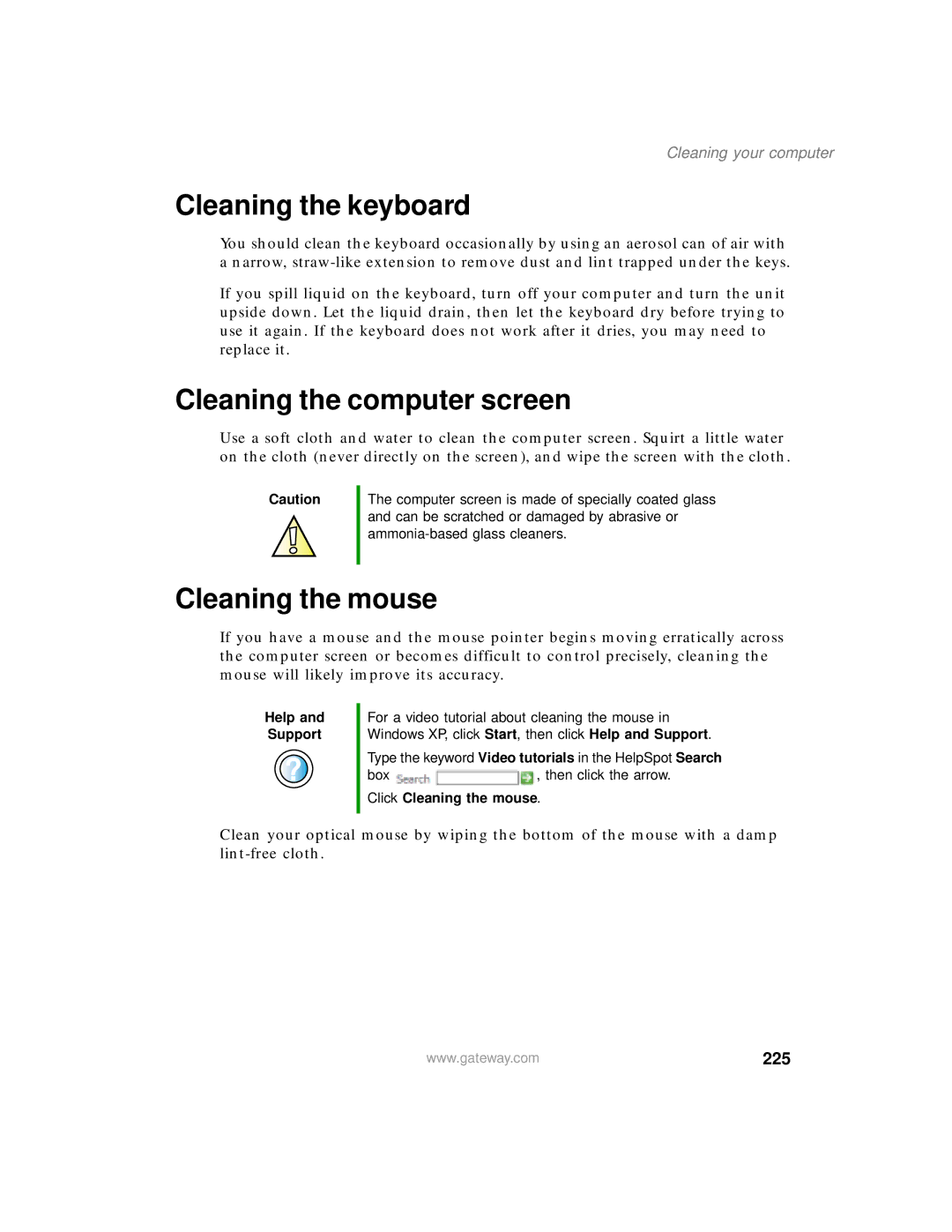 Gateway 450 manual Cleaning the keyboard, Cleaning the computer screen, Cleaning the mouse, 225, Cleaning your computer 