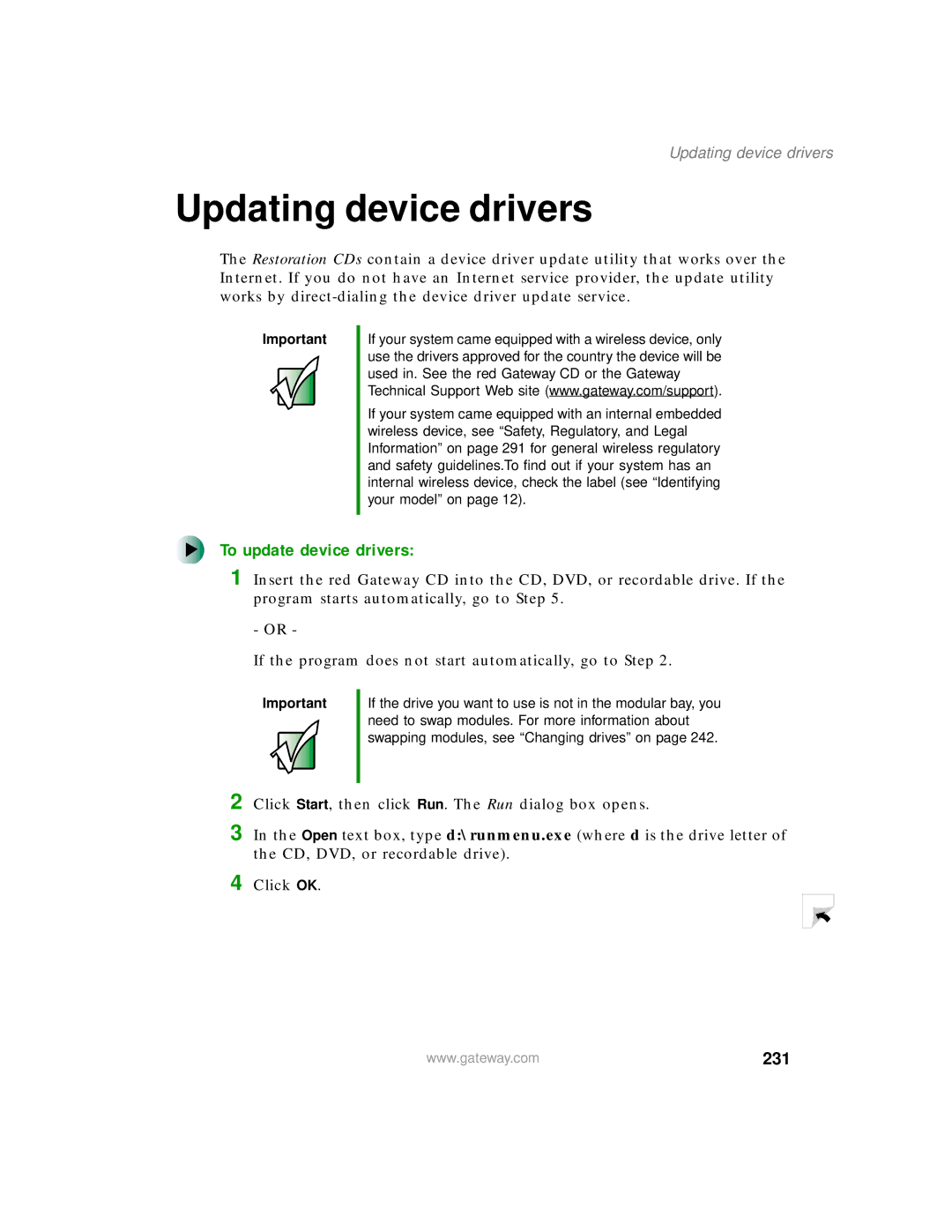 Gateway 450 manual Updating device drivers, To update device drivers, 231 