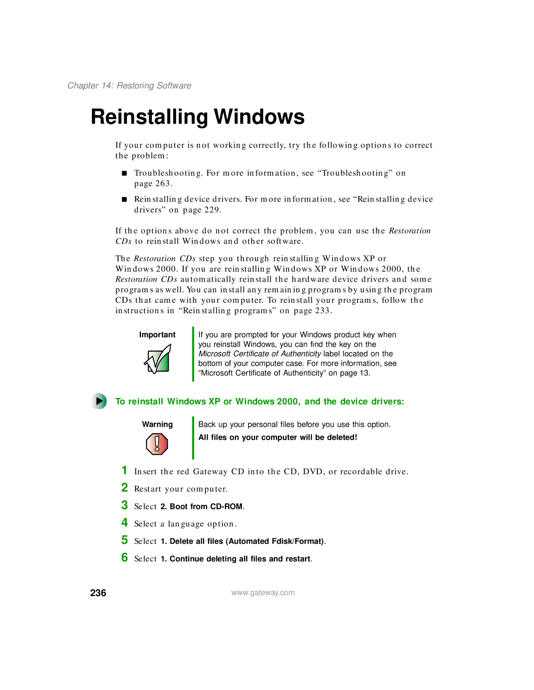 Gateway 450 manual Reinstalling Windows, 236 