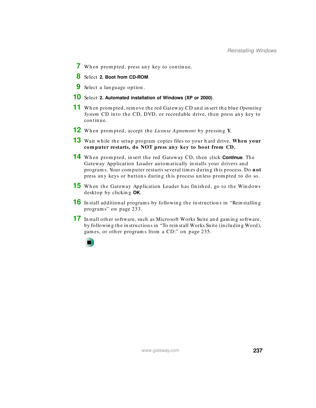 Gateway 450 manual 237, Reinstalling Windows 