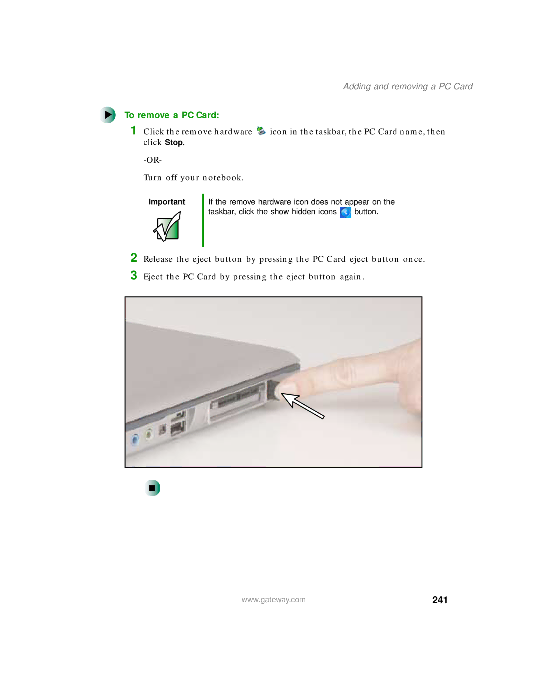 Gateway 450 manual To remove a PC Card, 241, Adding and removing a PC Card 