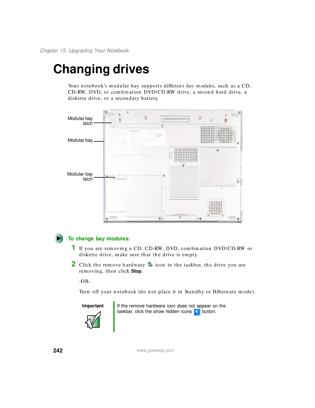Gateway 450 manual Changing drives, To change bay modules, 242 