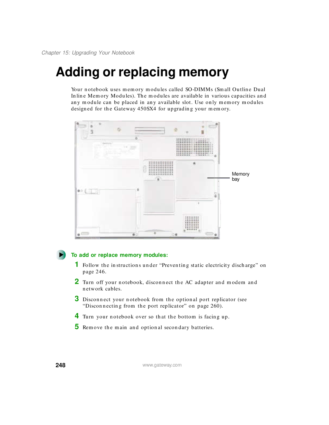 Gateway 450 manual Adding or replacing memory, To add or replace memory modules, 248 