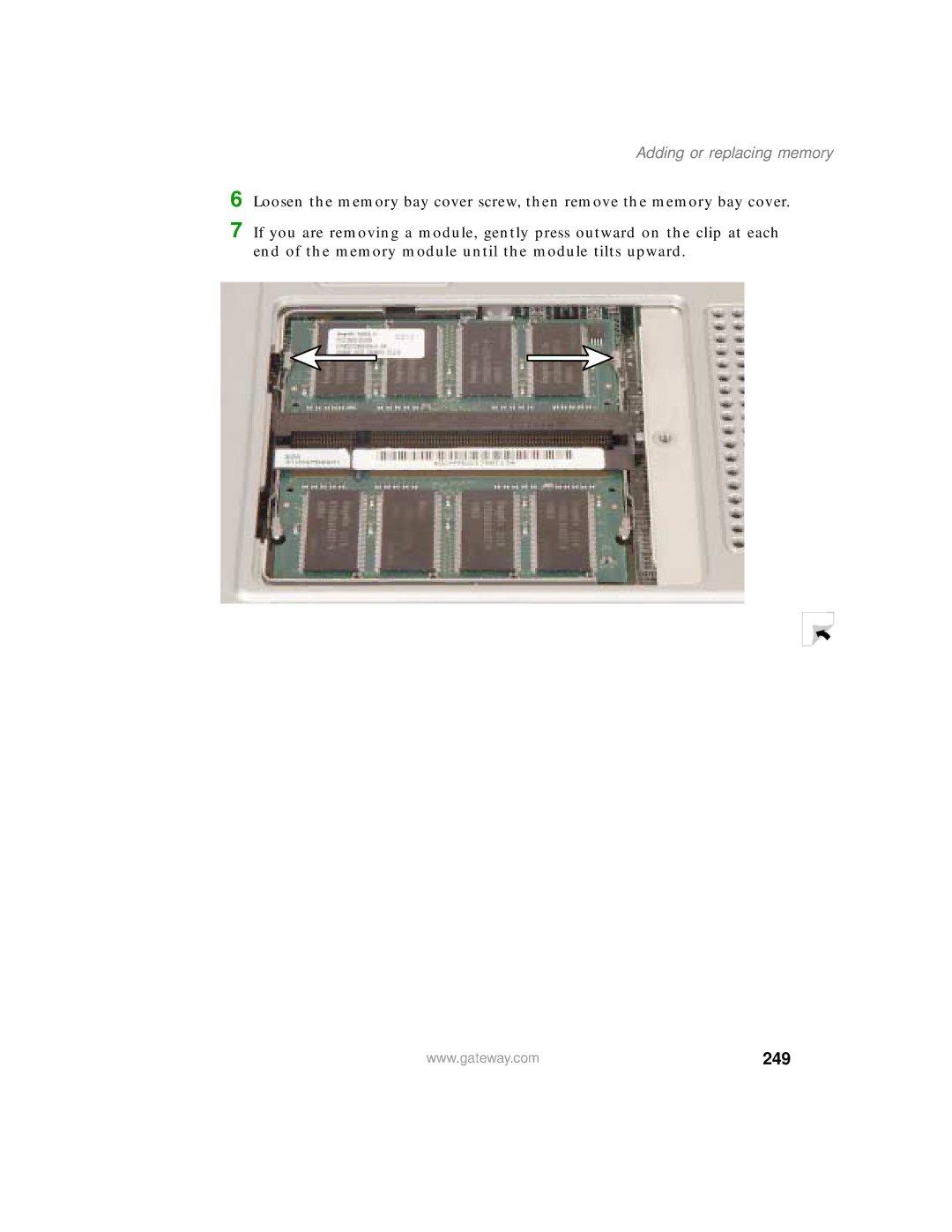 Gateway 450 manual 249, Adding or replacing memory 