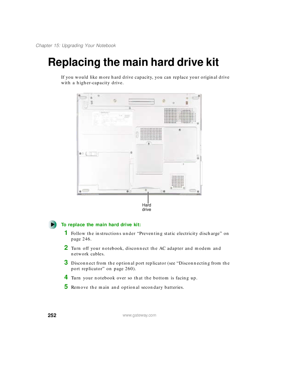 Gateway 450 manual Replacing the main hard drive kit, To replace the main hard drive kit, 252 