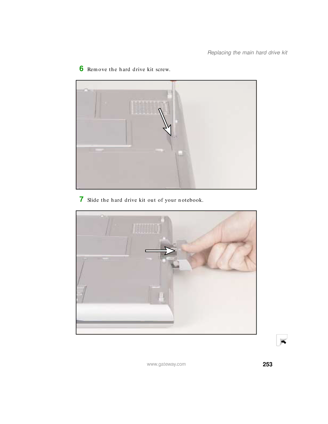 Gateway 450 manual 253, Replacing the main hard drive kit 