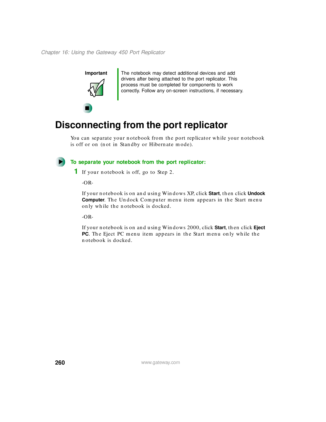 Gateway 450 manual Disconnecting from the port replicator, To separate your notebook from the port replicator, 260 