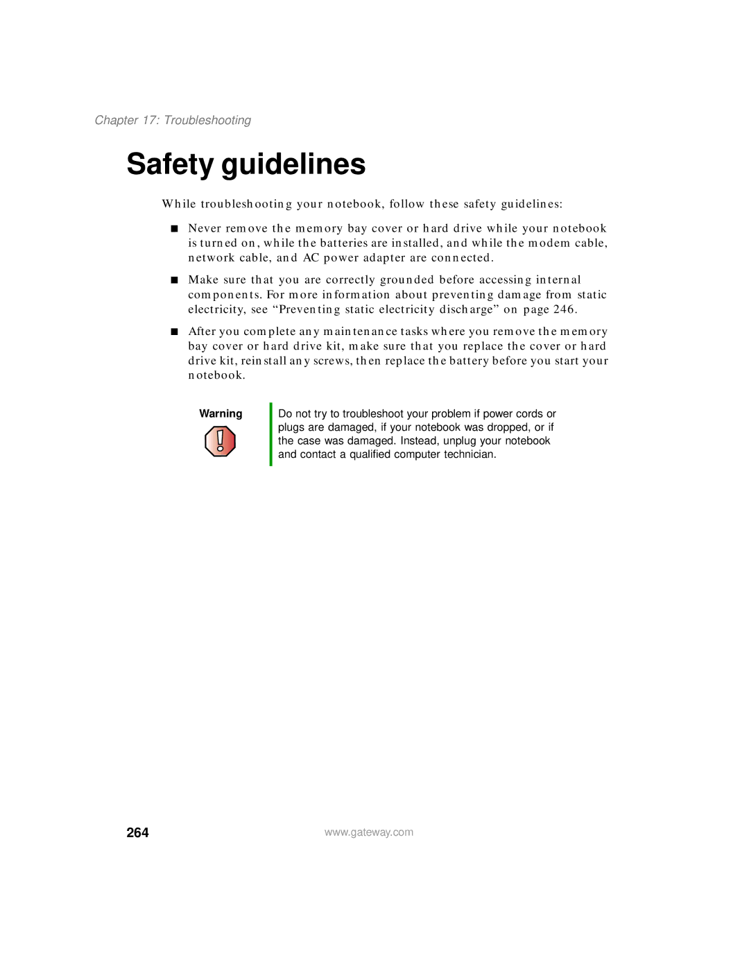 Gateway 450 manual Safety guidelines, 264, Troubleshooting 