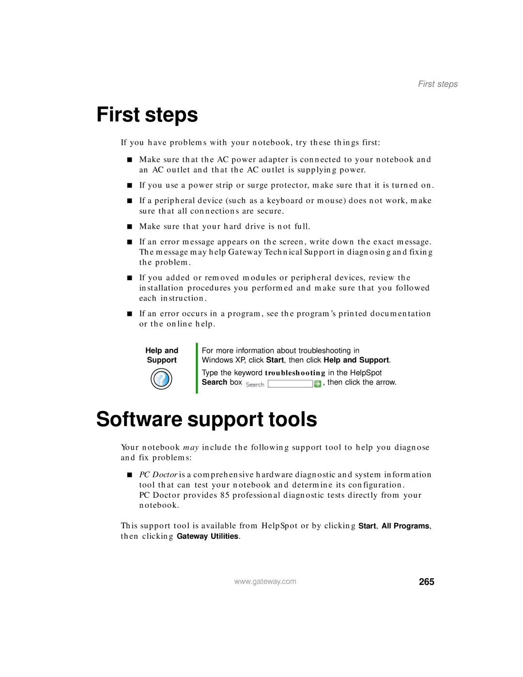 Gateway 450 manual First steps, Software support tools, 265 