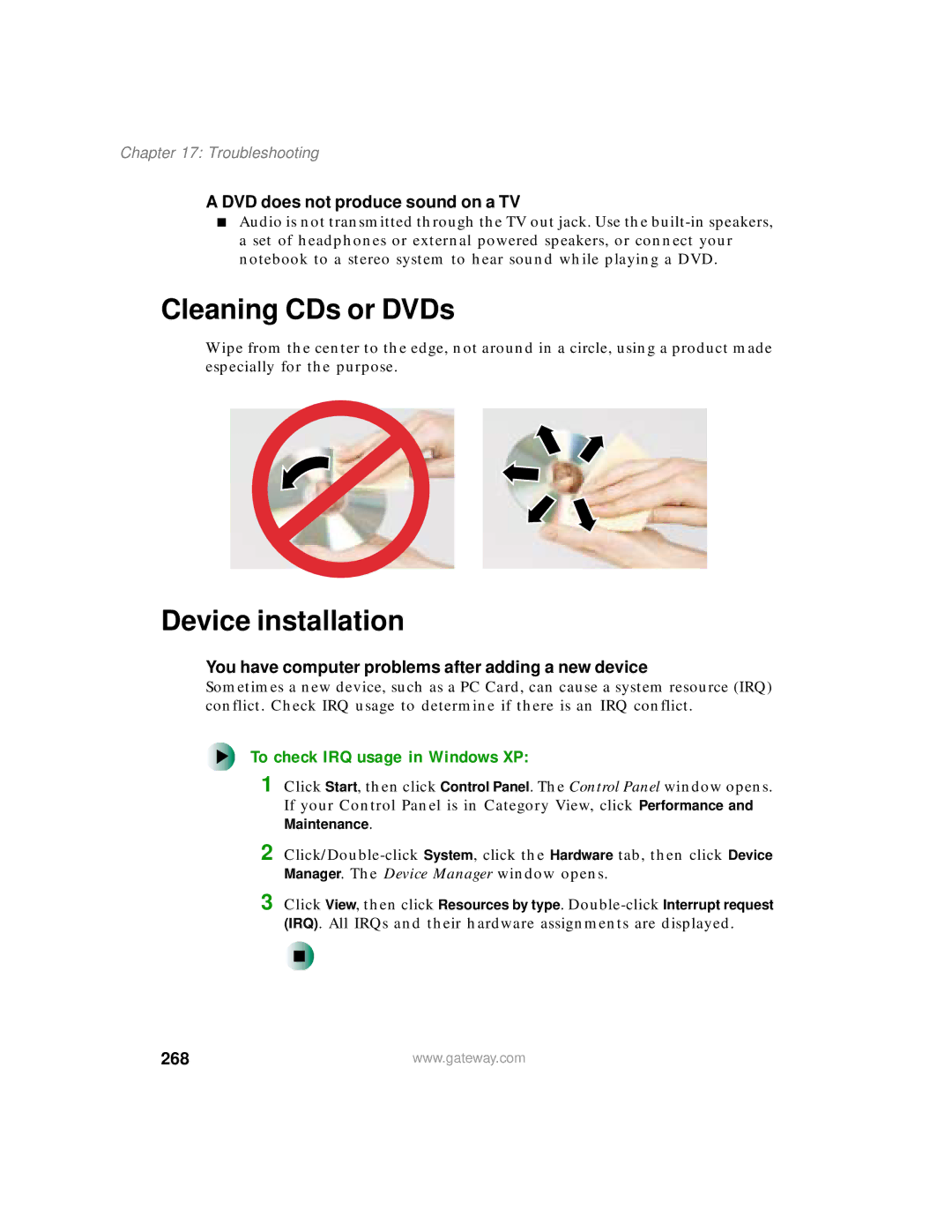 Gateway 450 manual Cleaning CDs or DVDs, Device installation, To check IRQ usage in Windows XP, 268 