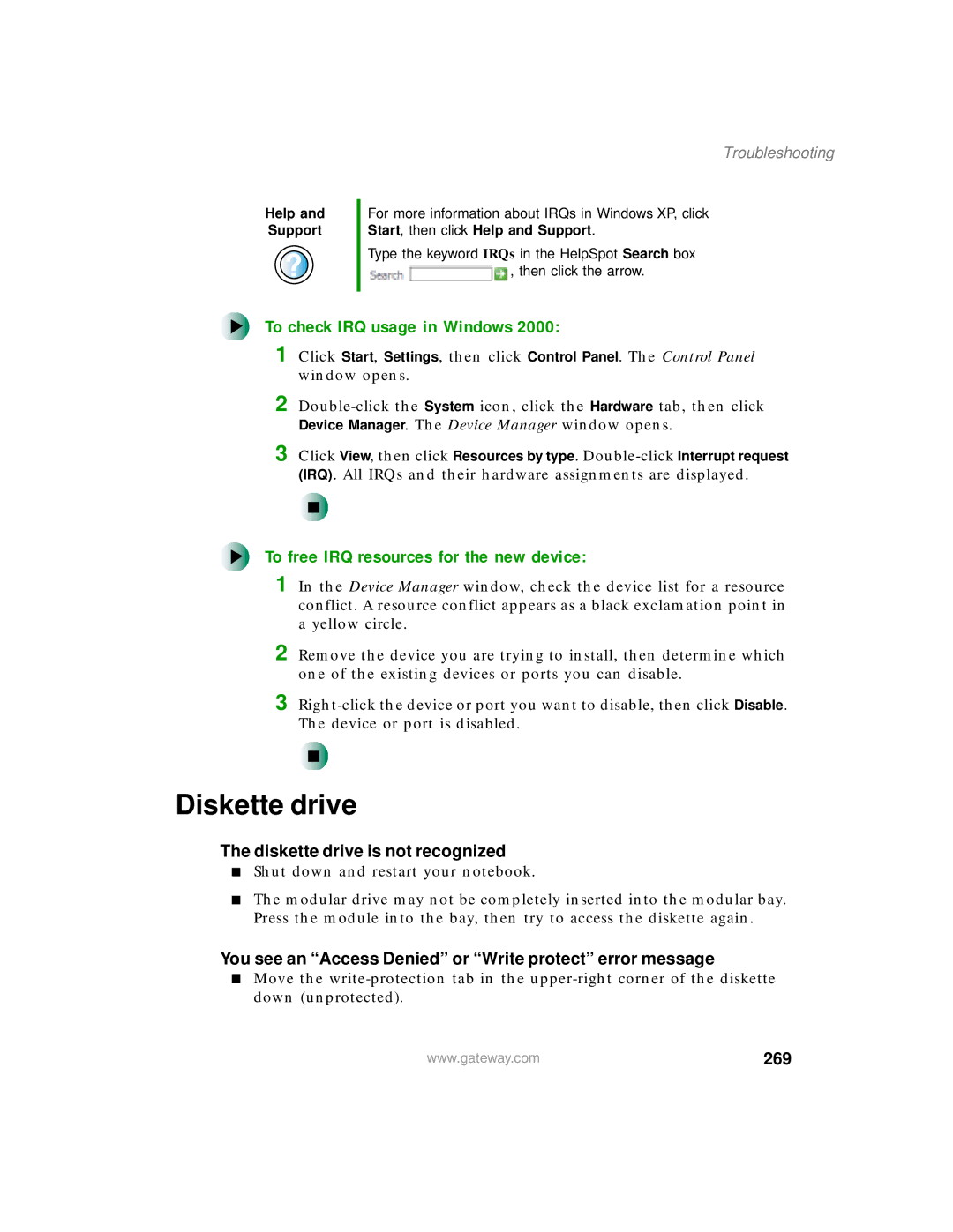 Gateway 450 manual Diskette drive, To check IRQ usage in Windows, To free IRQ resources for the new device, 269 