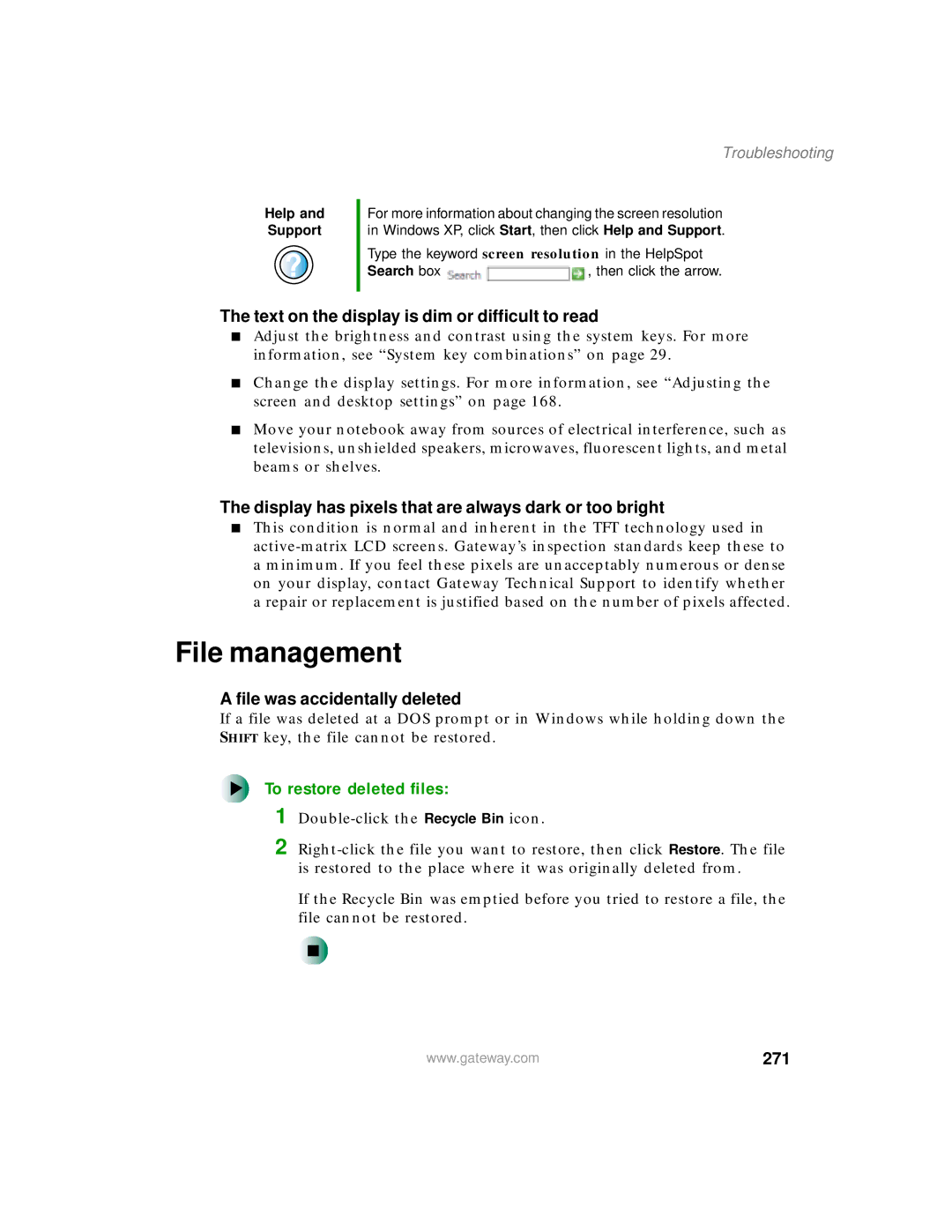 Gateway 450 manual File management, To restore deleted files, 271 