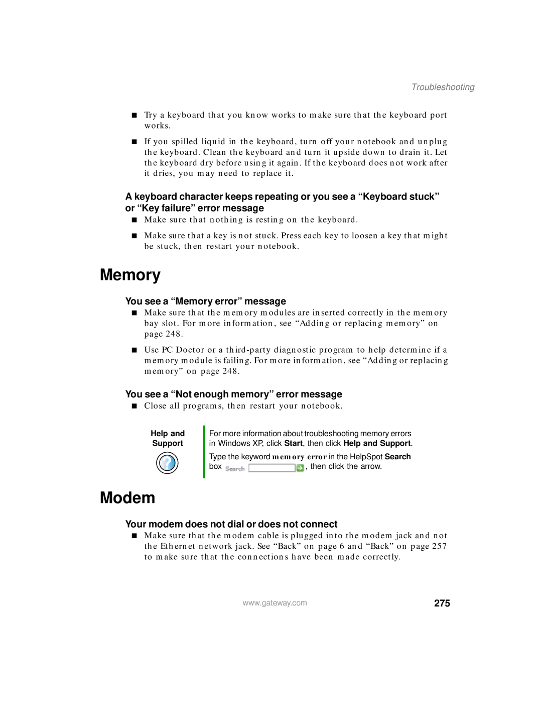 Gateway 450 manual Memory, Modem, 275 