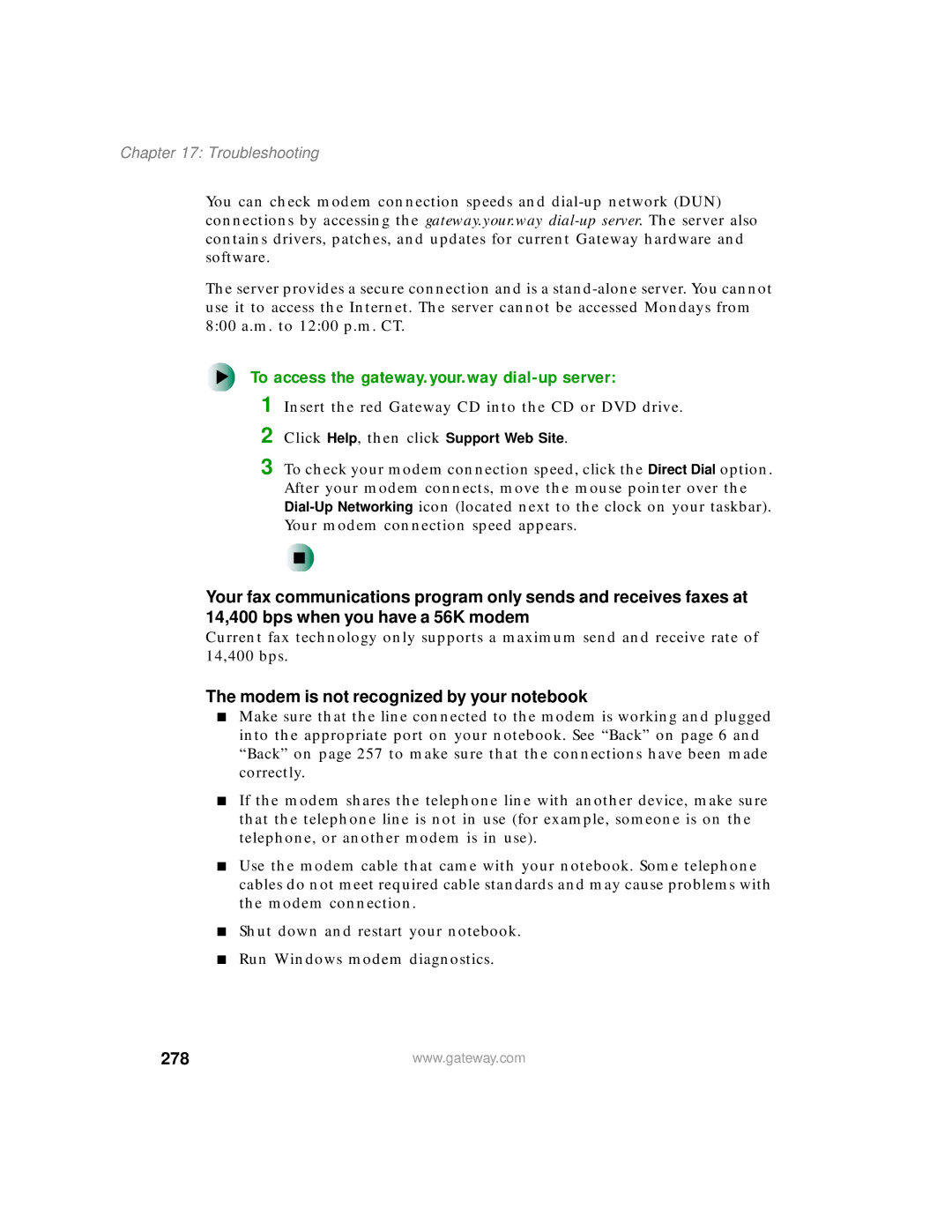 Gateway 450 manual To access the gateway.your.way dial-up server, Modem is not recognized by your notebook, 278 