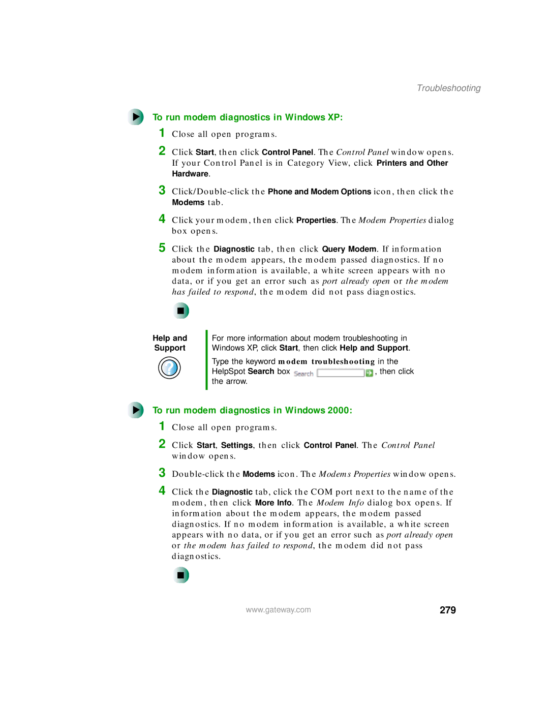 Gateway 450 manual To run modem diagnostics in Windows XP, 279 