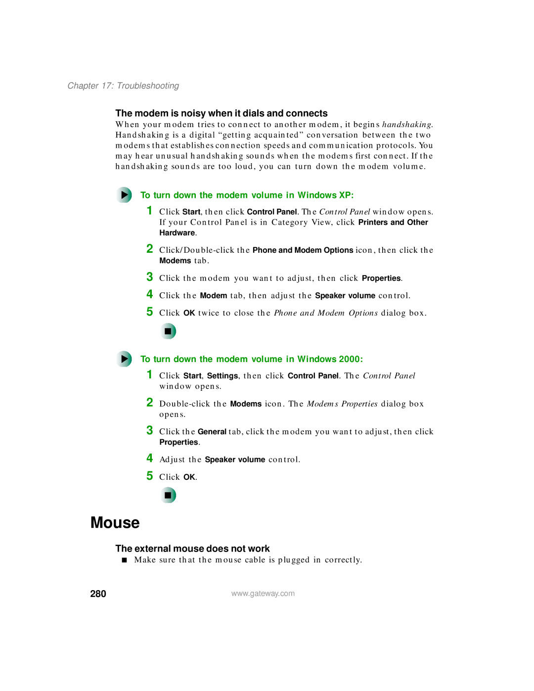 Gateway 450 manual Mouse, To turn down the modem volume in Windows XP, 280 