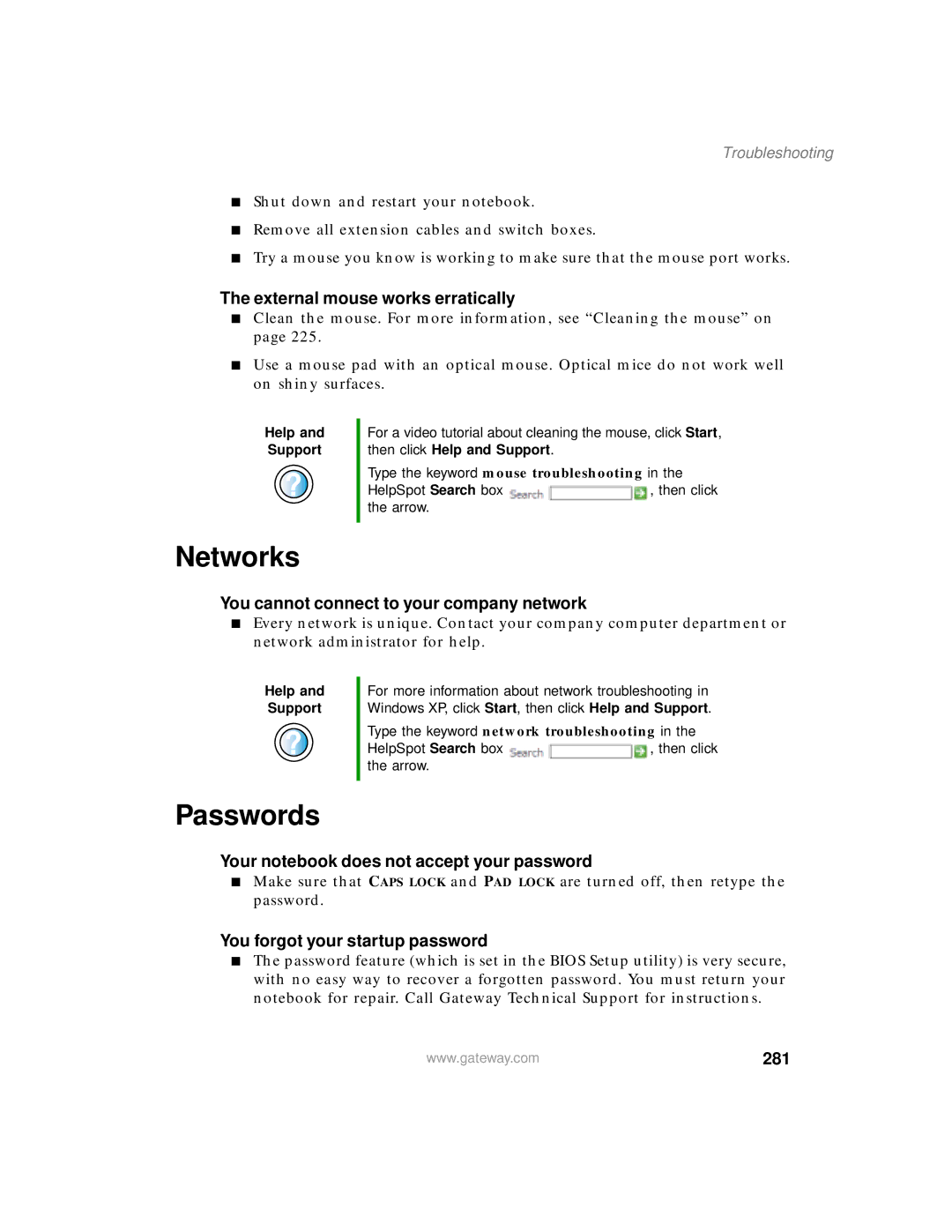 Gateway 450 manual Networks, Passwords, 281 