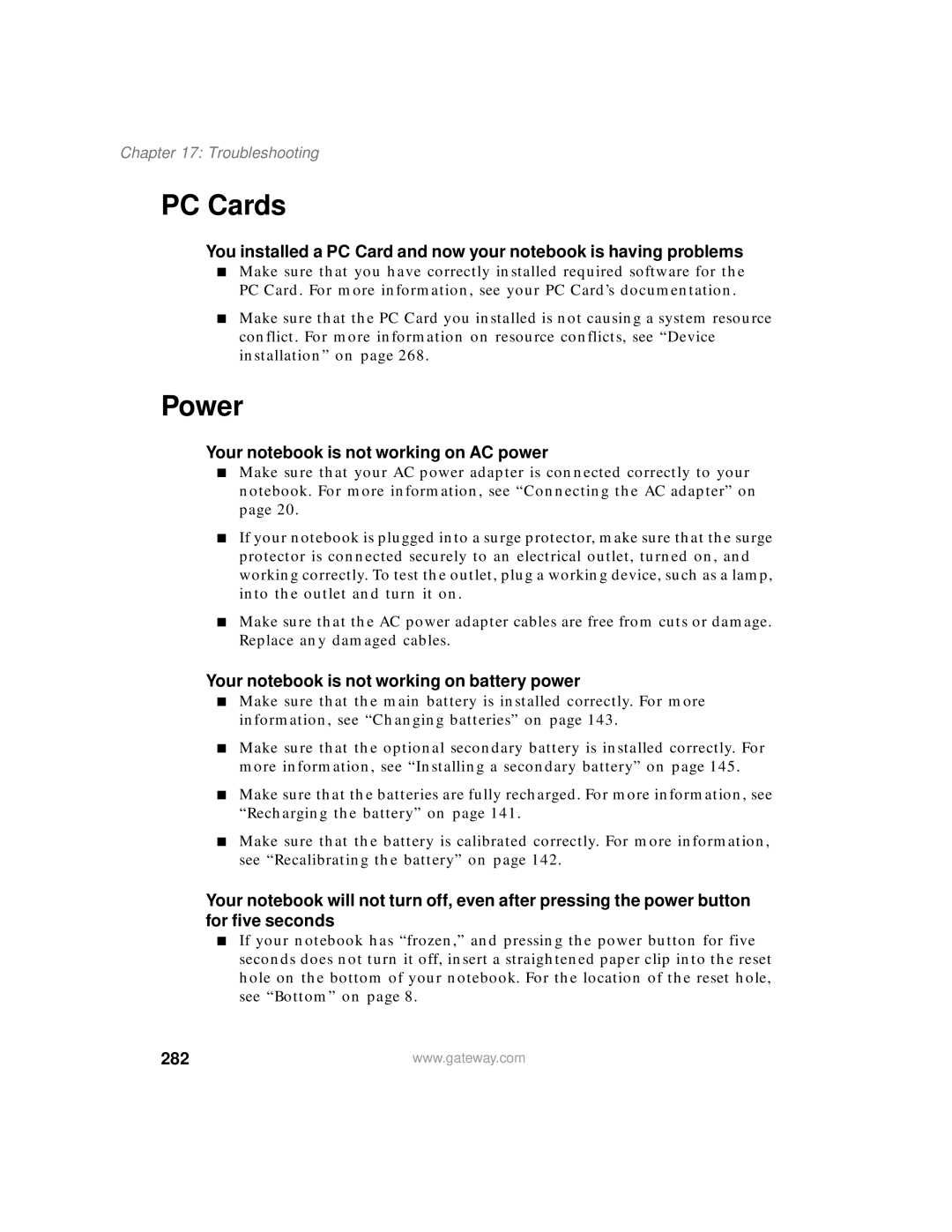 Gateway 450 PC Cards, Power, Your notebook is not working on AC power, Your notebook is not working on battery power, 282 
