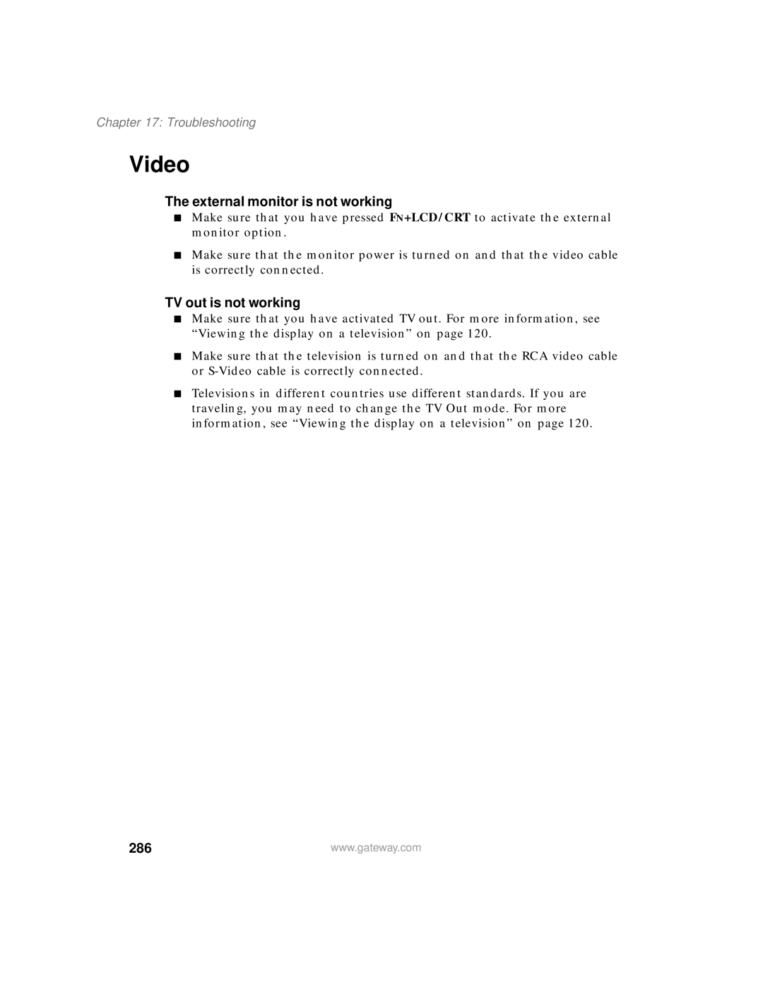 Gateway 450 manual Video, External monitor is not working, TV out is not working, 286 