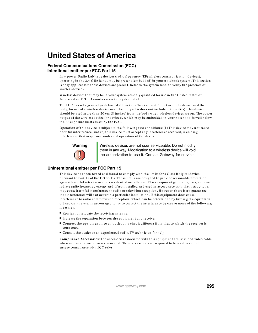 Gateway 450 manual United States of America, 295, Unintentional emitter per FCC Part 