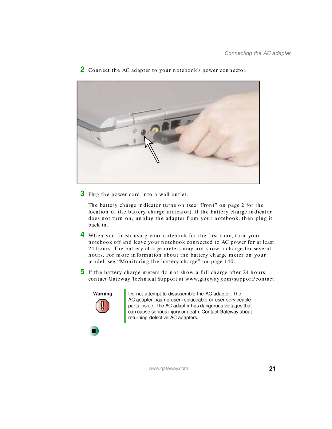 Gateway 450 manual Connecting the AC adapter 