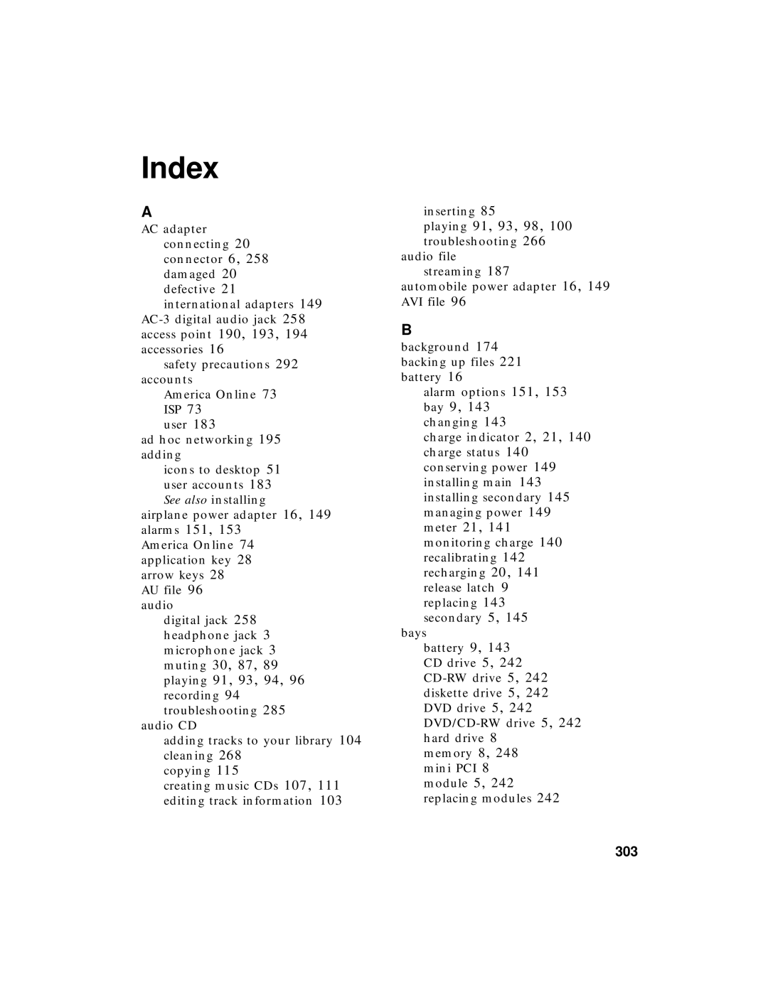 Gateway 450 manual Index, 303 