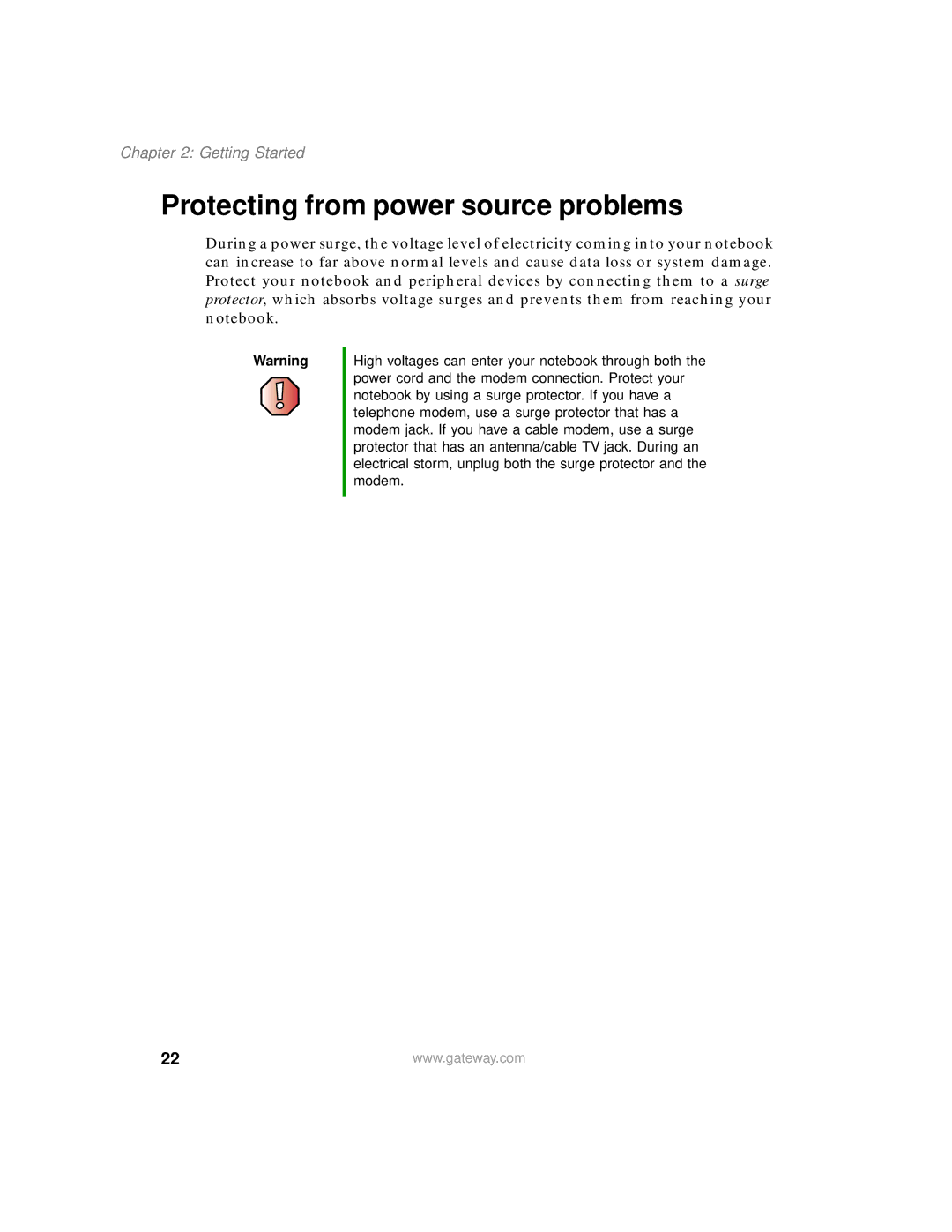 Gateway 450 manual Protecting from power source problems 