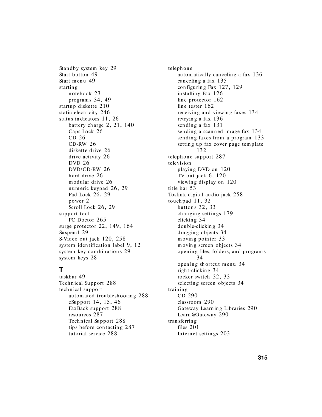 Gateway 450 manual 132, 315 