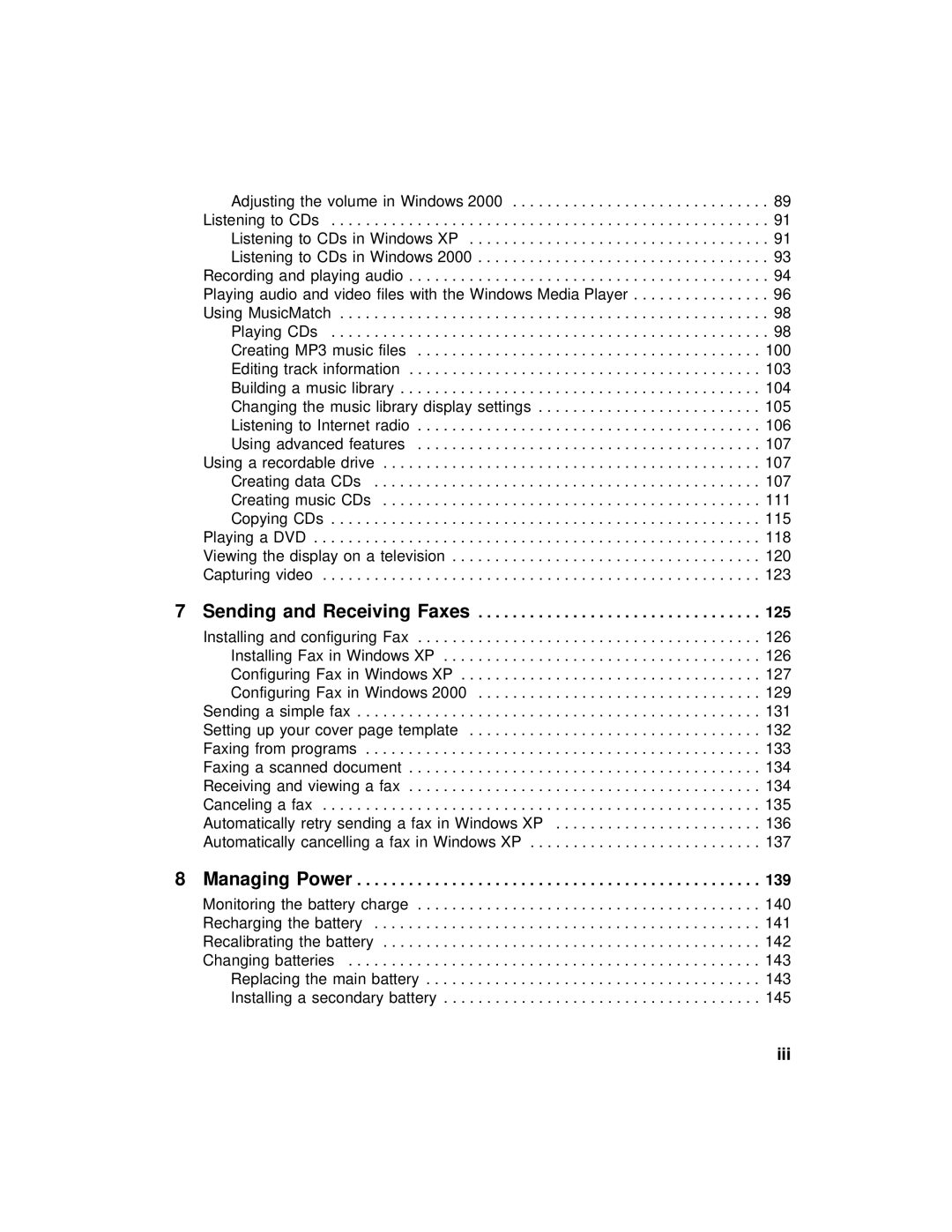 Gateway 450 manual Iii, Sending and Receiving Faxes, Managing Power 