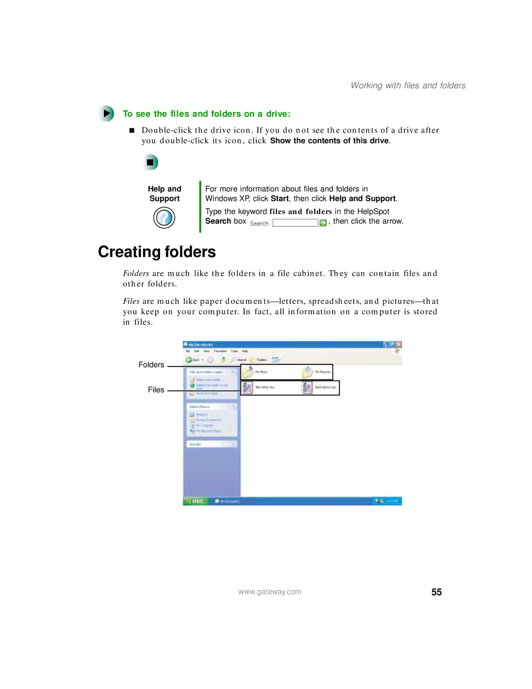 Gateway 450 manual Creating folders, To see the files and folders on a drive, Working with files and folders 