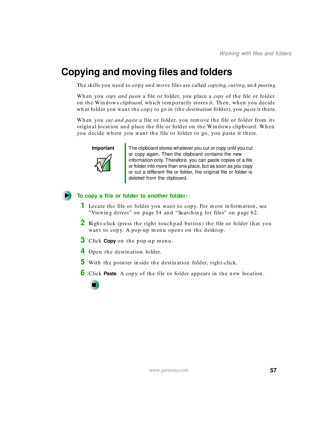 Gateway 450 manual Copying and moving files and folders, To copy a file or folder to another folder 